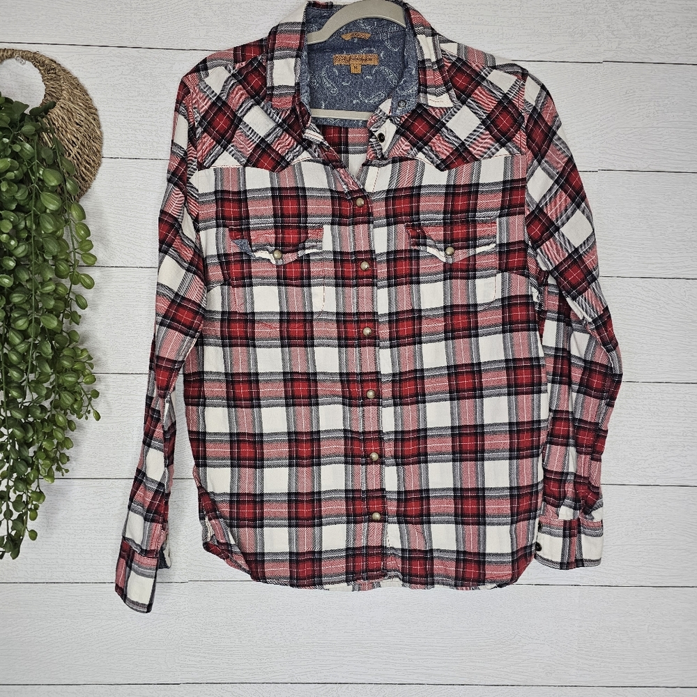 Jachs Girlfriend BEA Red and Blue Flannel Long Sleeve Button Up Collar Medium